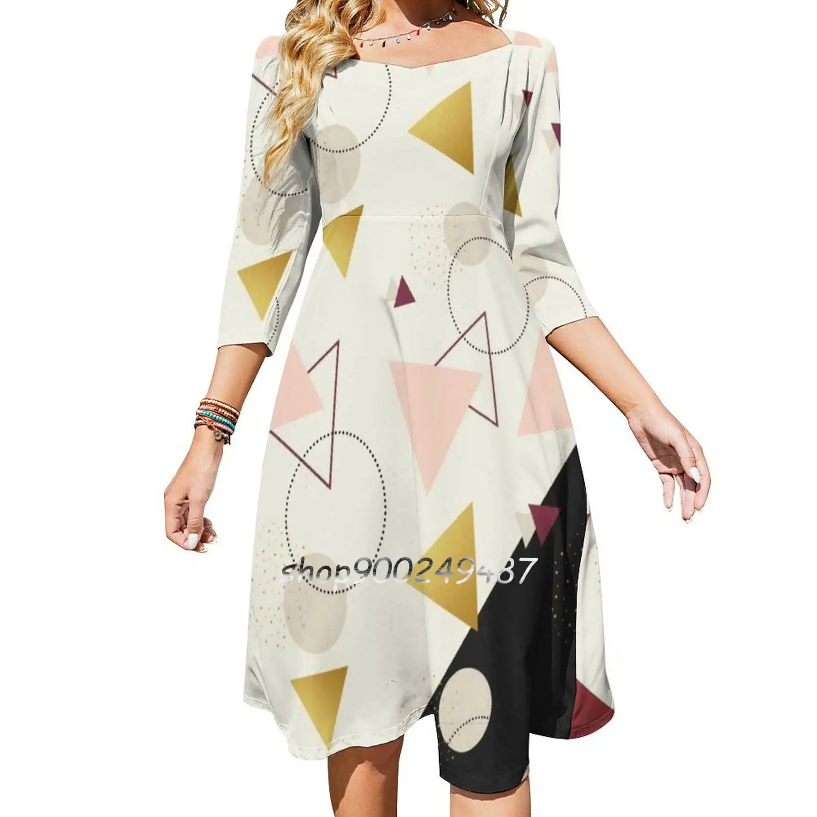 Triangles Mix Square Neck Dress New Plus Size Elegant Women Waist Tight Dress Black Abstract Pink Triangles Geometric Pastel