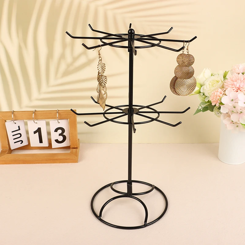 Jewelry Rotating Display Stand 2 Tier Round Metal Necklace Organizer For Hanging Earrings Rings Bracelets Watches Hair Band