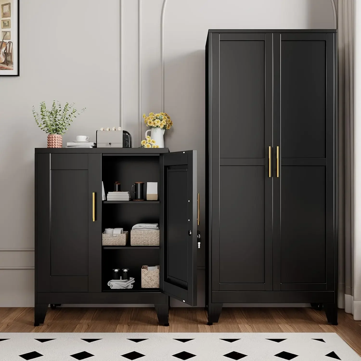 Mobiletto per dispensa in metallo nero con serratura, credenza a due unità con 2 ripiani regolabili, mobiletto da cucina per ufficio domestico