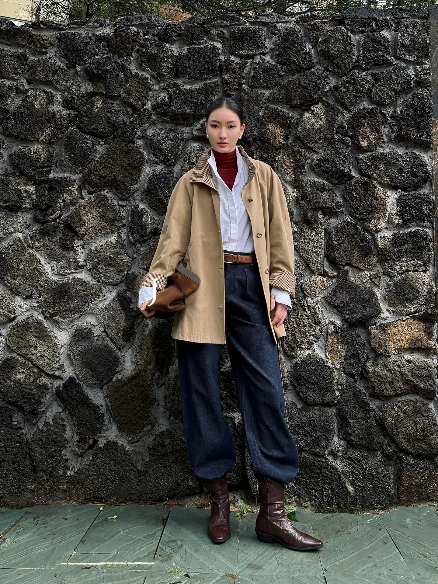 Calças de Algodão Denim de Cintura Alta com Pregas, Versáteis para o Dia a Dia, Calças Longas de Primavera, Estilo Old Money, Calças Casuais JIEJI ZHANG