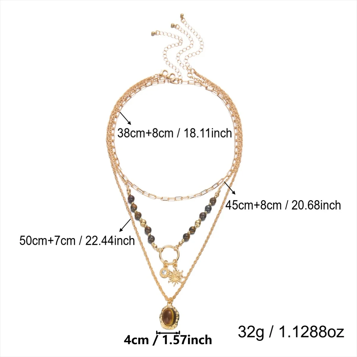 Vintage Maillard Halskette mit natürlichen Tigeraugen-Perlen, Sonnen- und ovalen Anhängern, für Damen und Herren, im ethnischen Stil, mit Blumen- und Kristallmotiven, lange Choker-Kette. – Detail 38
