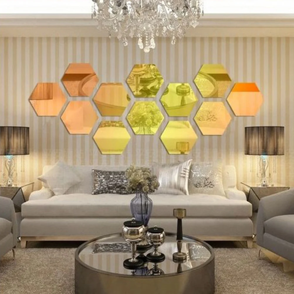

12 Pcs Mirror Wall Stickers Hexagon Decal Peel Room Decor Easy Apply Removable for Living Bedroom Kitchen Office Bathroom