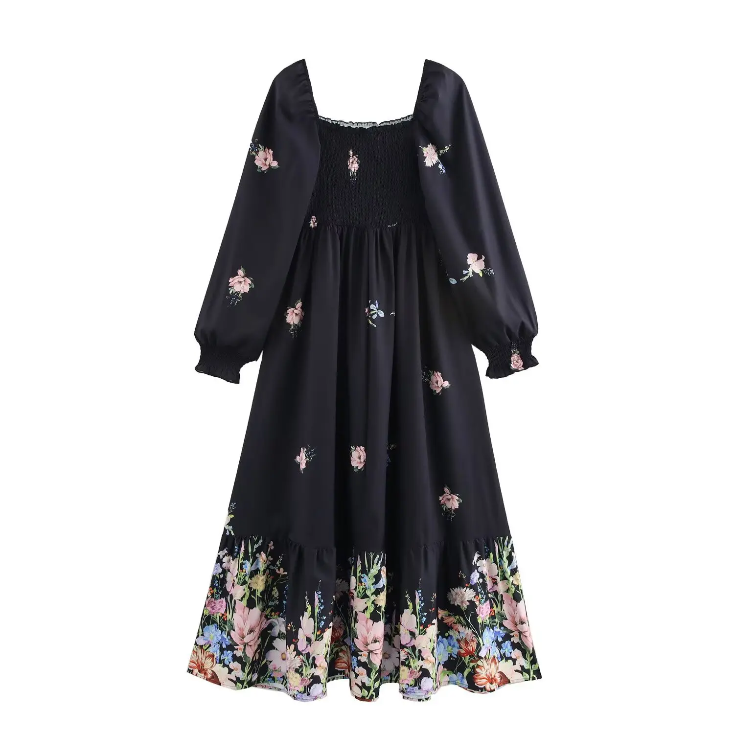 Robe Mi-Longue à Col à Revers et Taille artificiel astique pour Femme Vêtement Noir à Imprimé Floral Rétro, Collection Printemps et Été 2025