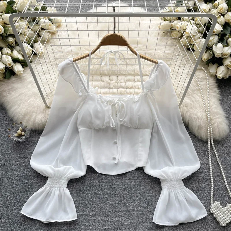 French Chic Halter Blouses Femininas Bow Flare Sleeve Short Tops Dames HighStreet Blusa Mujer Casual Shirts Clothes Dropshipping