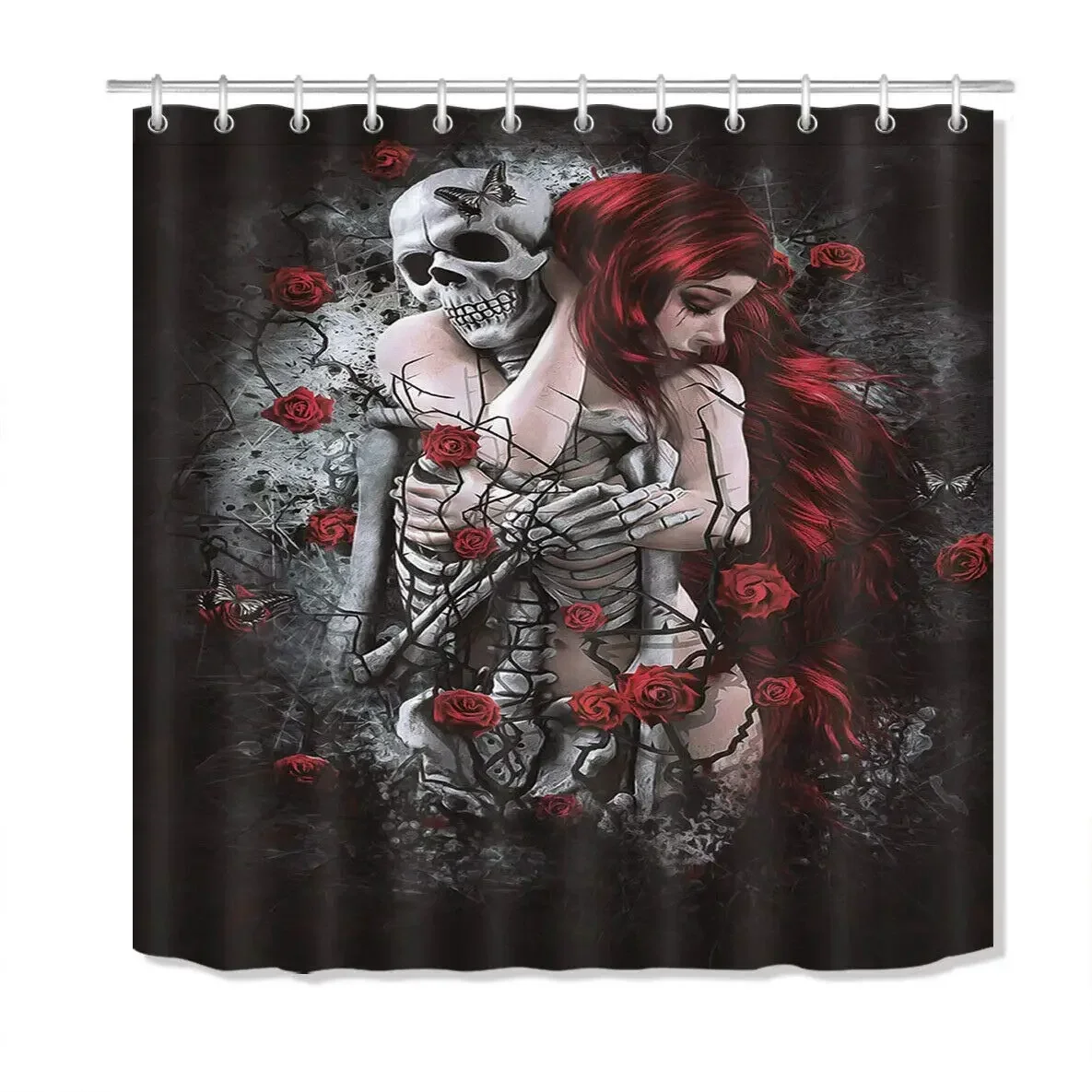 Beauty Skeleton Death Rose Bathroom Fabric Shower Curtain