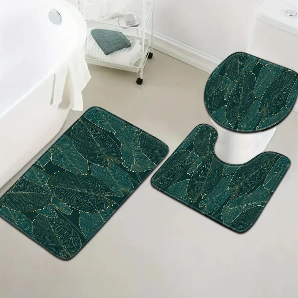 3pcs Nordic Gold Leaf Bath Mat Set - Minimalist Toilet Cover & U-Shaped Rug, Scandinavian Style Bathroom Decor
