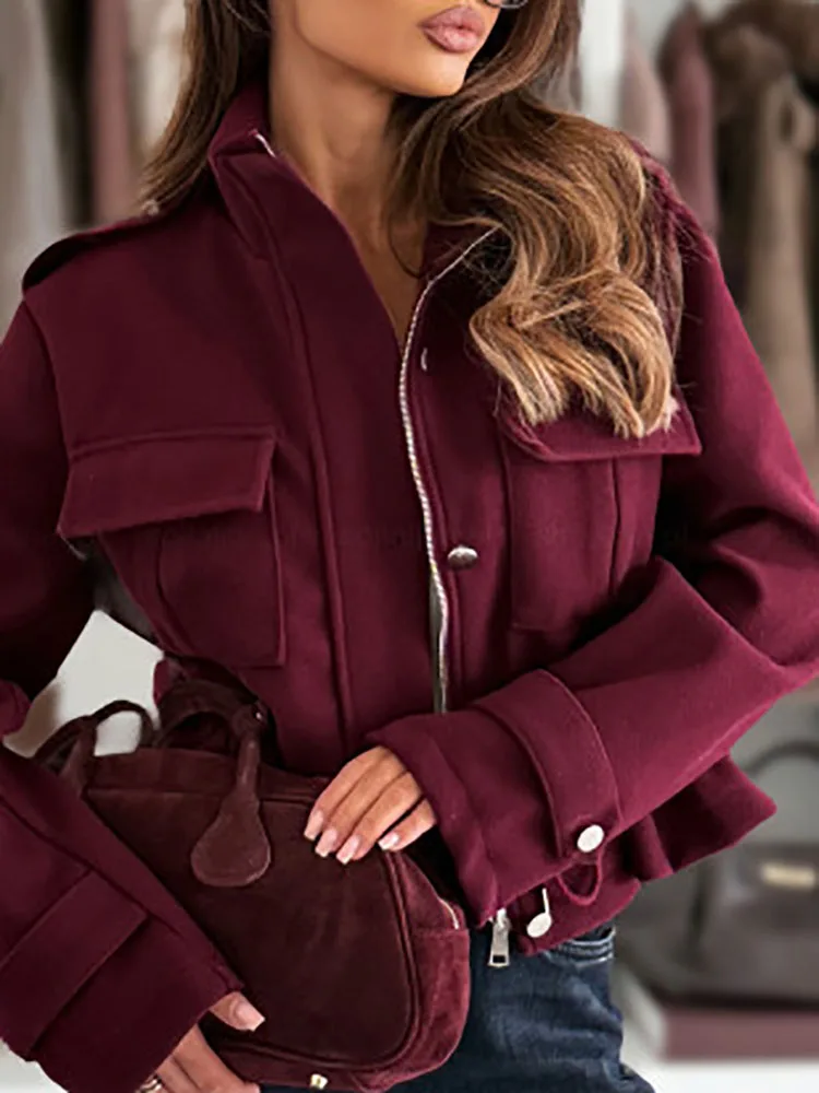 

Женский тонкий короткий топ на пуговицах на талии, кардиганы, модная куртка на молнии с отложным воротником, осень-зима, однотонные пальто с длинными рукавами