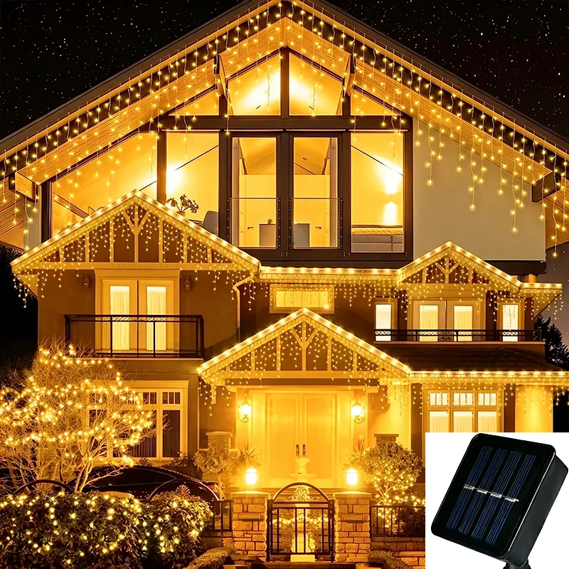 Christmas Festoon Led Icicle Curtain Light Outdoor Solar Light 96/162LED Flash Fairy String Light Clear Wire New Year Decoration