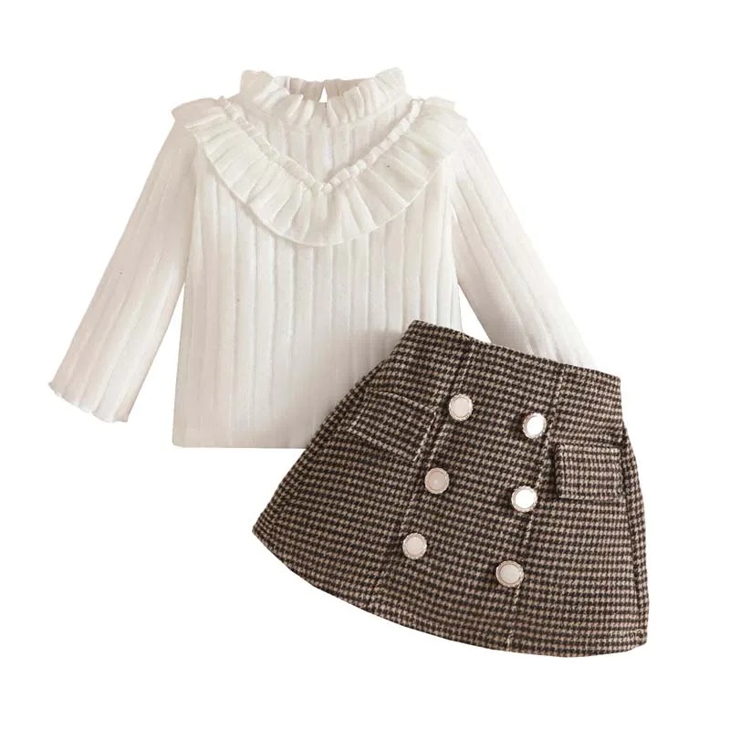 

Infant Girl Set 1-3 Years Autumn Ruffle Neck Long Sleeve Tops Plaid Skirts 2Pcs Sets Newborn Clothes Toddler Girls Outfits