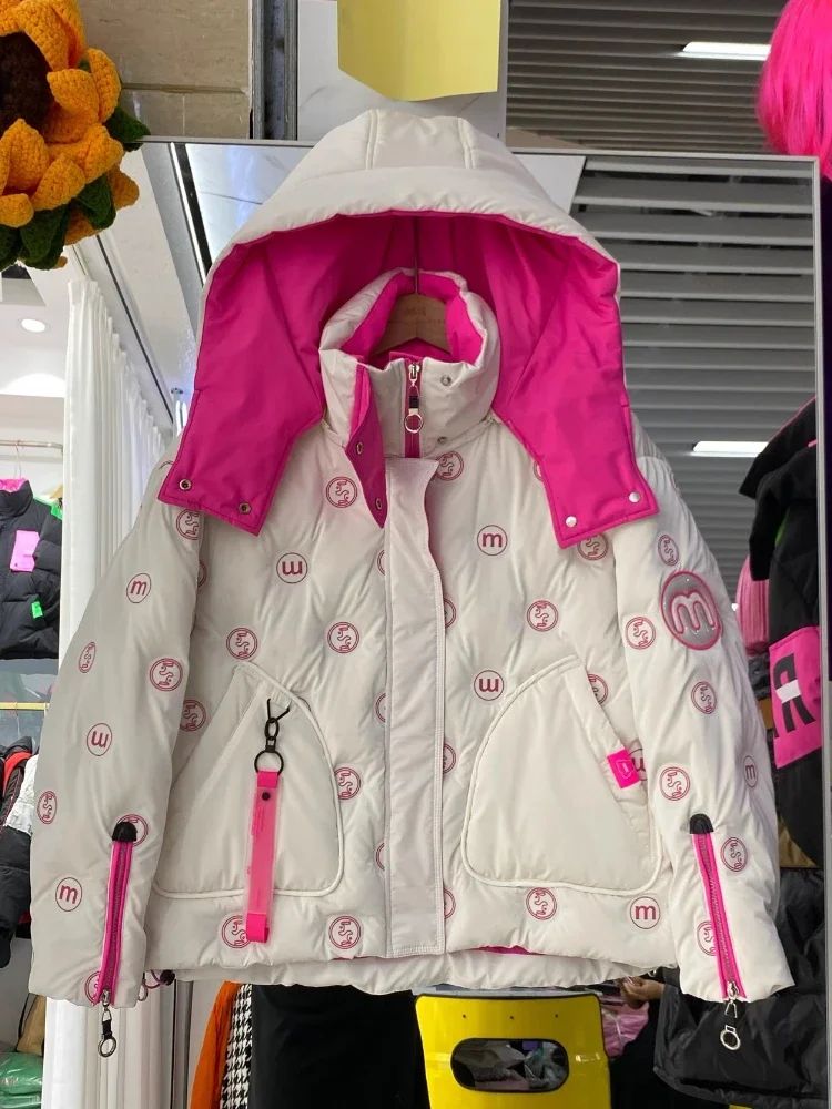 Jaqueta feminina com capuz impresso brilhante, jaquetas curtas de bloco de cores, sem lavagem, grossa solta, casaco puffer de pato branco 90, moda inverno