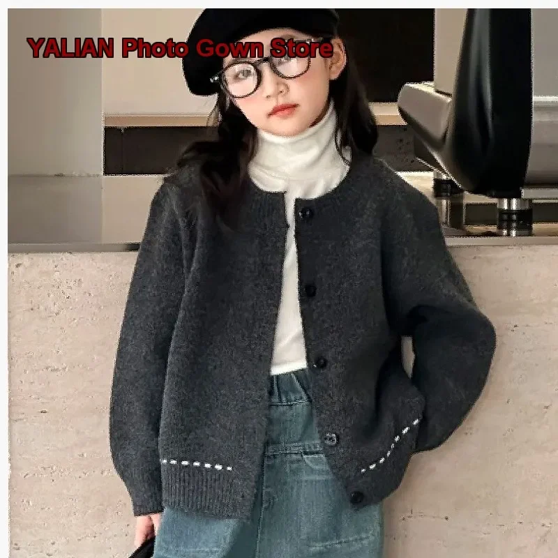 Girls Knit Top Kids Autumn Winter V-Neck Button Front Stylish Jacket Medium-Large Kids Older Kids