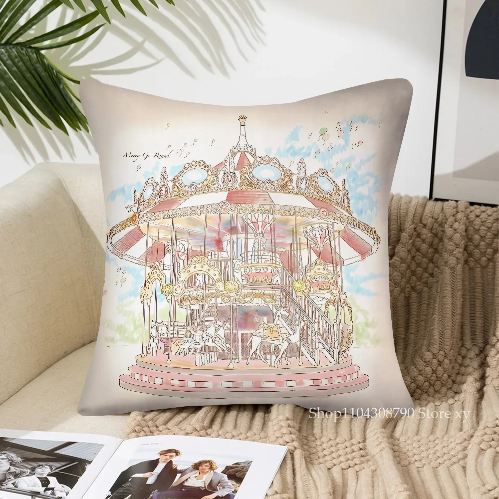 Pastel Circus Carousel Pillow Case Fashion Square Pillowcase Bedroom Sofa Room Ins Decoration Leisure Cushion Cover 40x40