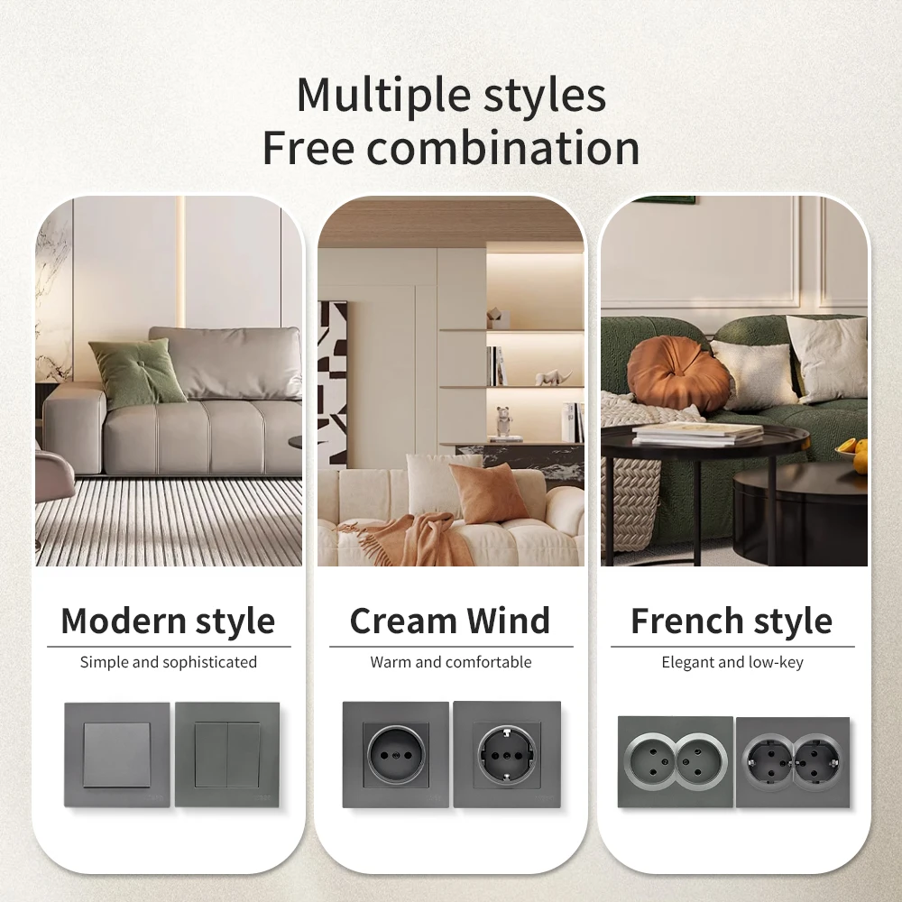 สีเทาพร้อมพื้นดินสีคลาสสิกพลาสติก AC ปลั๊กไฟฟ้าปลั๊กไฟ 250V EU มาตรฐานผนังฝังพื้นสารหน่วงไฟ