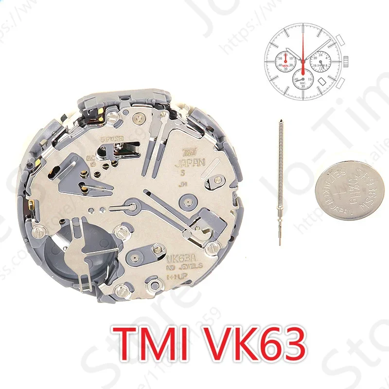 TMI VK63A Japan Quartz Movement Ligne Three Hands with 3 Eyes Date Small Chronograph Second Minute 24 Hour Clock Mechanism