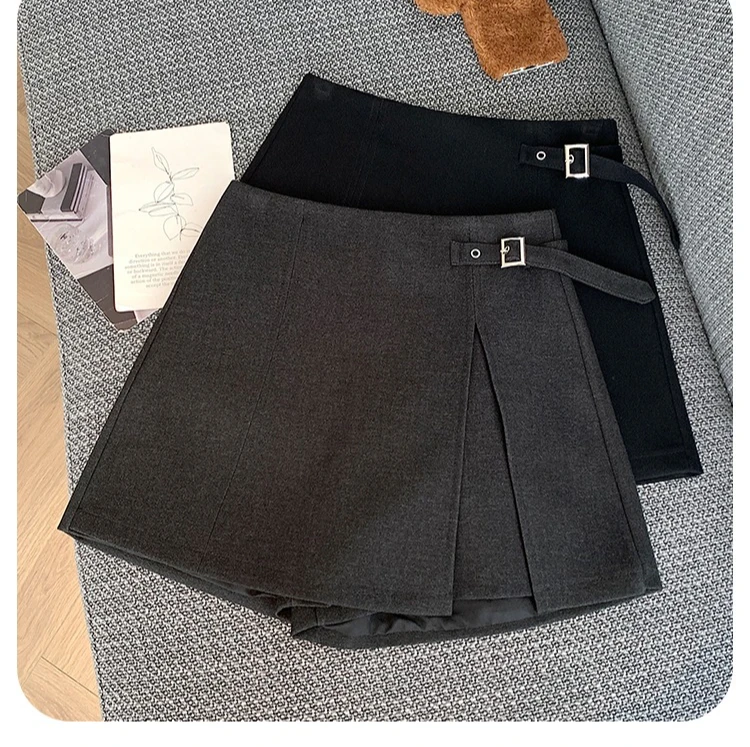 Seoulish エレガントなハイウエストの女性のスカート 2025 冬秋ファッションウール痩身 A ラインショーツスプリットスカート女性のための