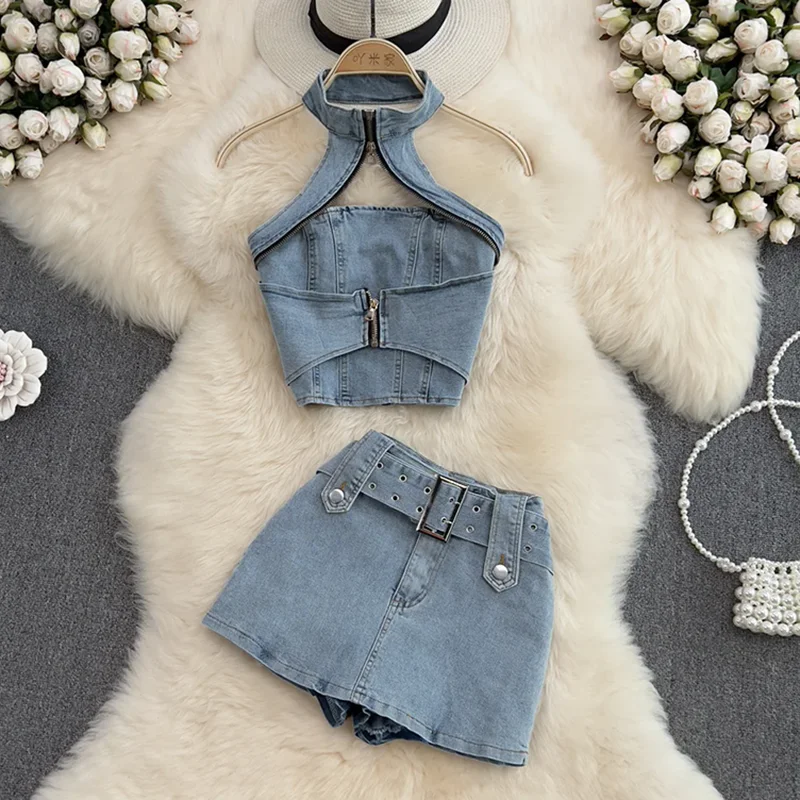 DEAT Women Halter Backless Sexy Denim Top Hig Waist Shorts New Two Piece Set Temperament Fashion Spring Summer 2024 11D10231