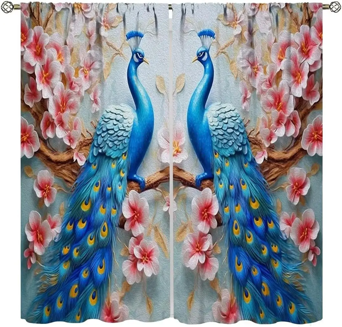 Peacock Curtains,Red Flower Beautiful Elegant Bird Oil Painting Style Blue Peacock Fabric Window Treatments for Bedroom