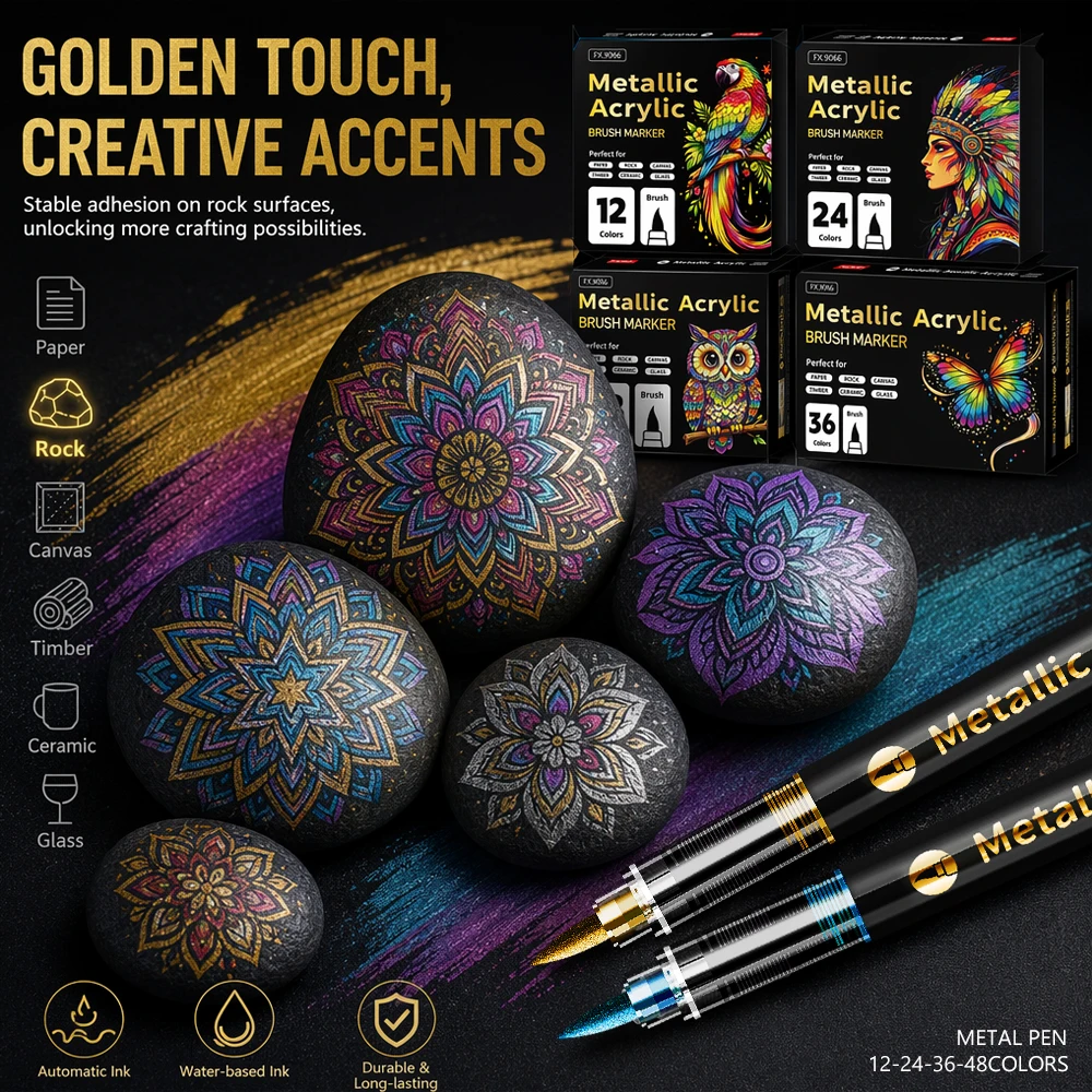 12/24/36/48 Pcs Acrylic Brush Paint Markers No Bleed Metallic Shiny Pens Ceramic Wood Canvas Gift Decor Art Creation Stationery