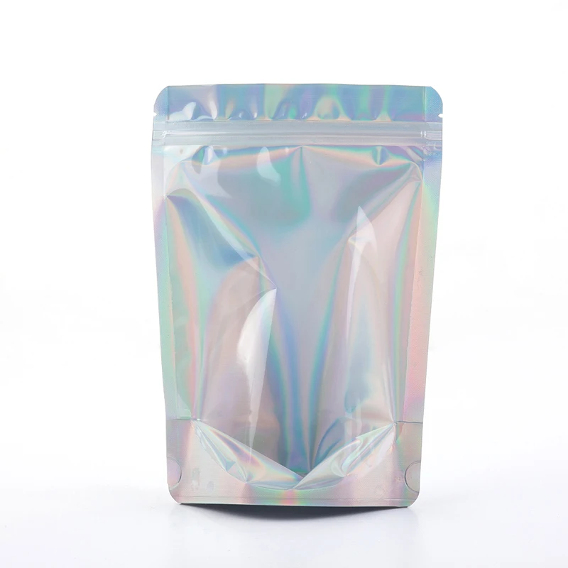 100pcs Reclosable Stand Up Zip lock Plastic Bag Clear Front Hologram Aluminum Foil Storage Bag Smell Water Proof Zipper Pouches