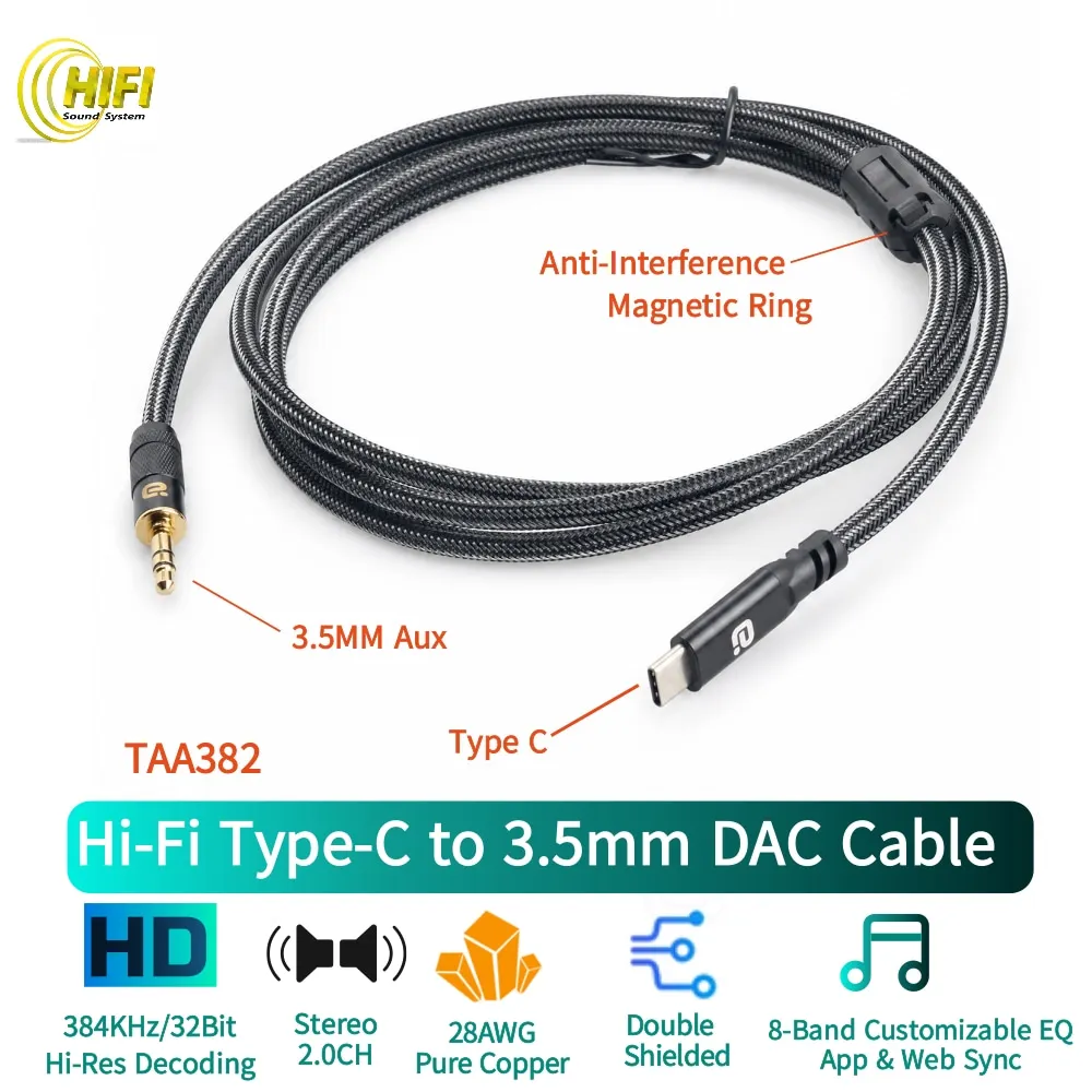 Type C to 3.5mm Audio DAC Cable Hi-Res 384kHz/32Bit Support EQ Adjustment Switch PC Laptop Phone to Headset Speakers Car Music