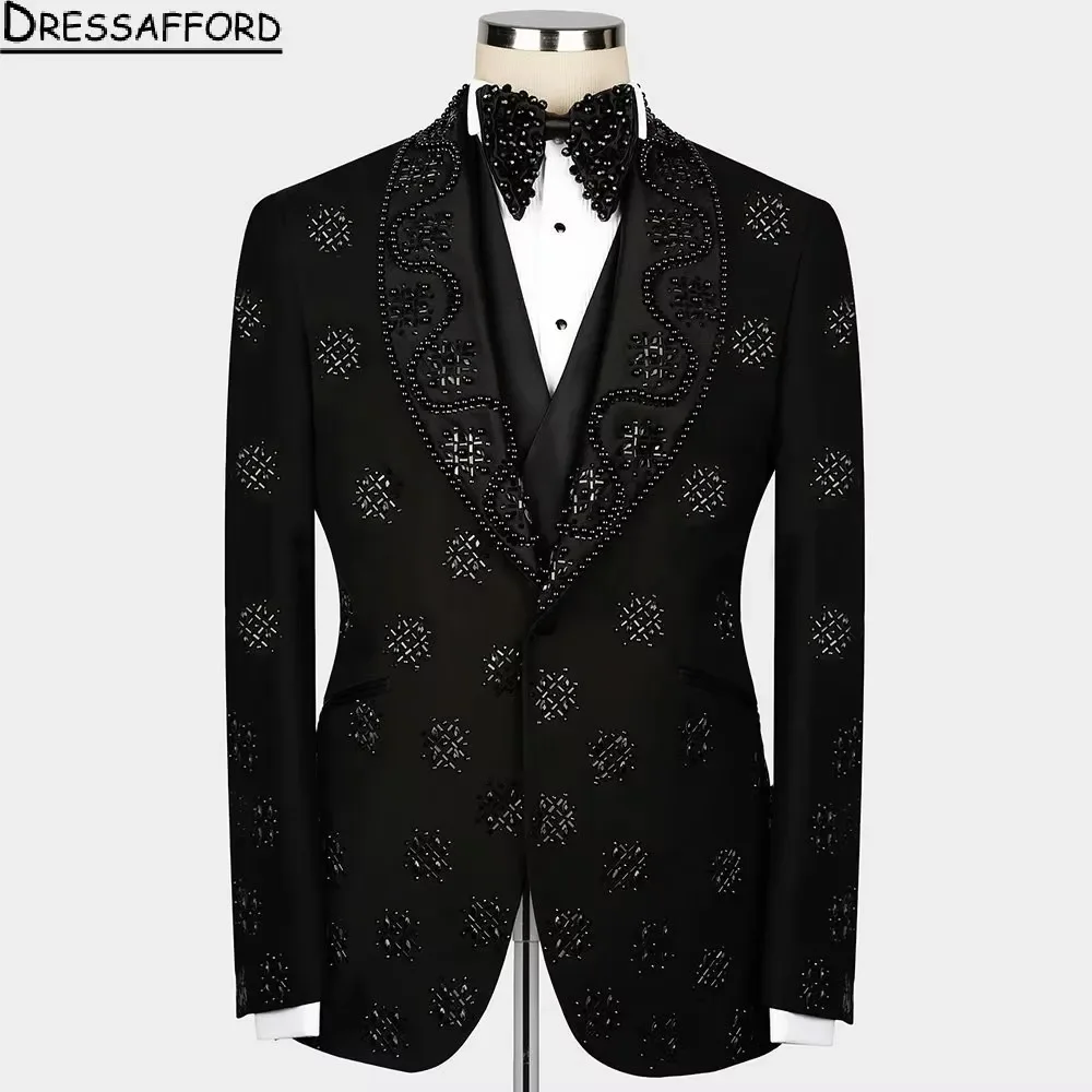Black Pearls Beading Crystal Groom Wear Formal Men Suits 2 Piece Jacket And Pants Sets Smart Casual Business Blazer