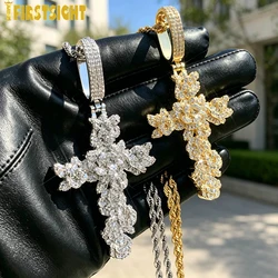 New Iced Out Bling Flower Cross Necklace For Women Men Silver Color Prong Setting Cubic Zirconia Rose Charm Hip Hop Jewelry