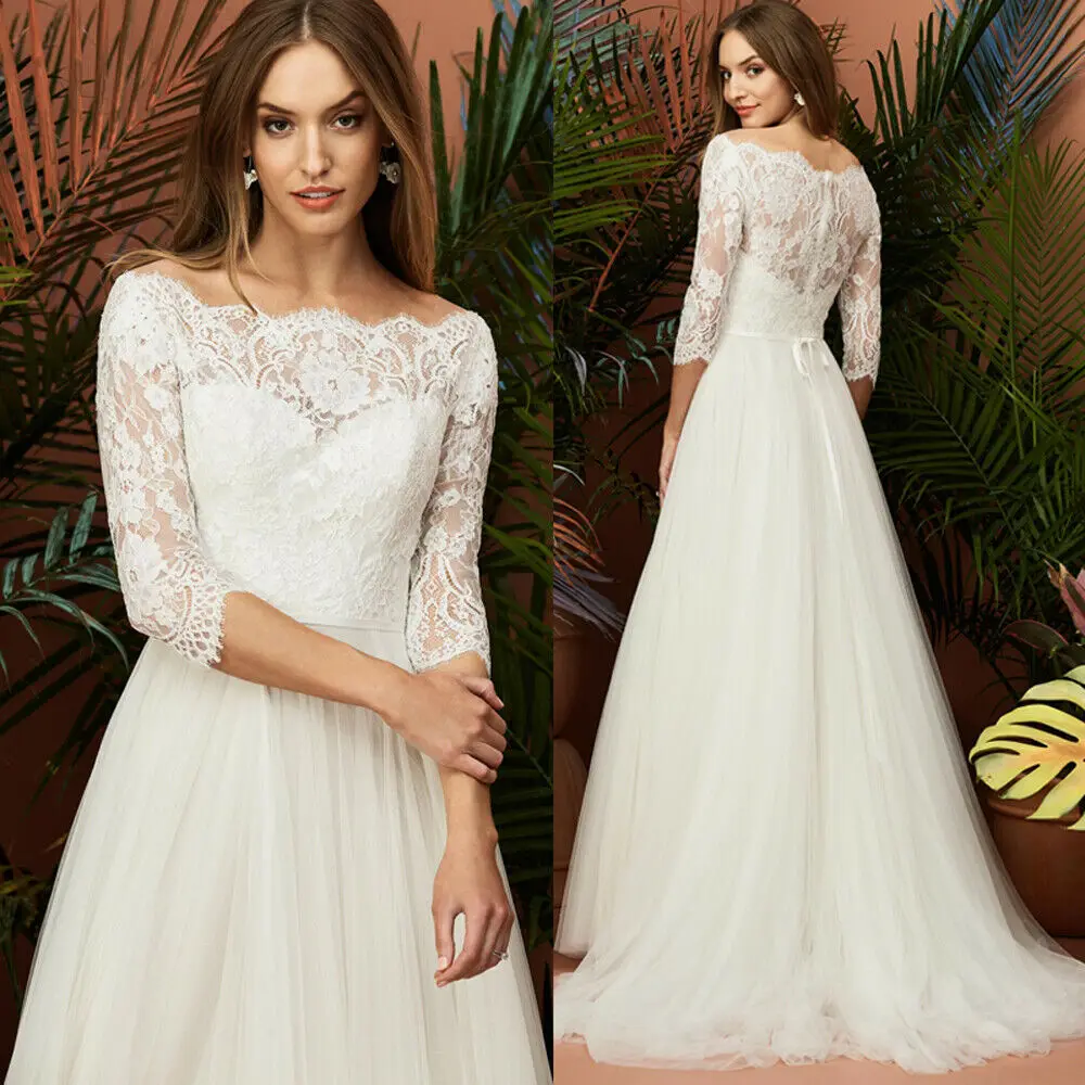 VENSANAC Boat Neck Lace Appliques A Line Wedding Dress Illusion 3/4 Sleeve Sweep Train Tulle Bridal Gown