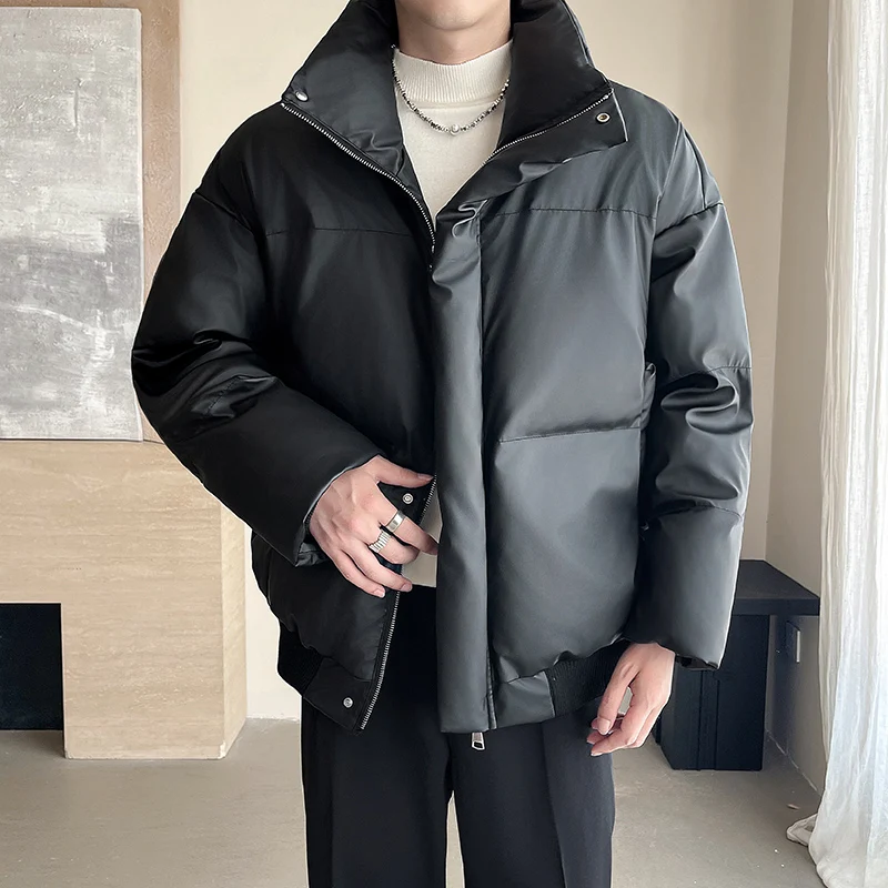 

Men's Winter Thiened PU Leather Cotton Jaet Stand Collar Bread Sle Coat Warm Casual ort Length Cleanfit Sle