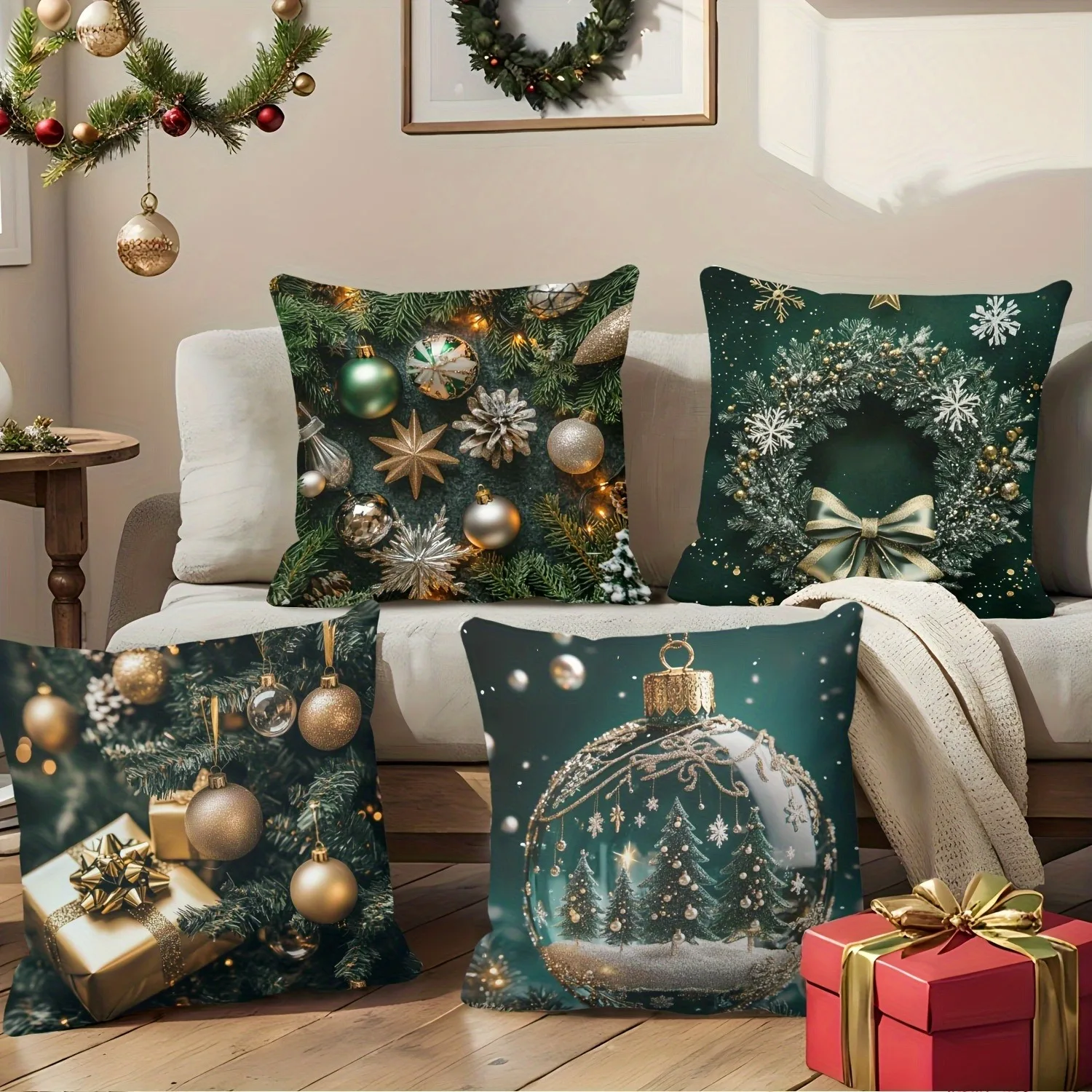 Green background gold decorated Christmas tree & flower wreath, Christmas pillowcase super eye-catching 2d graphic printing