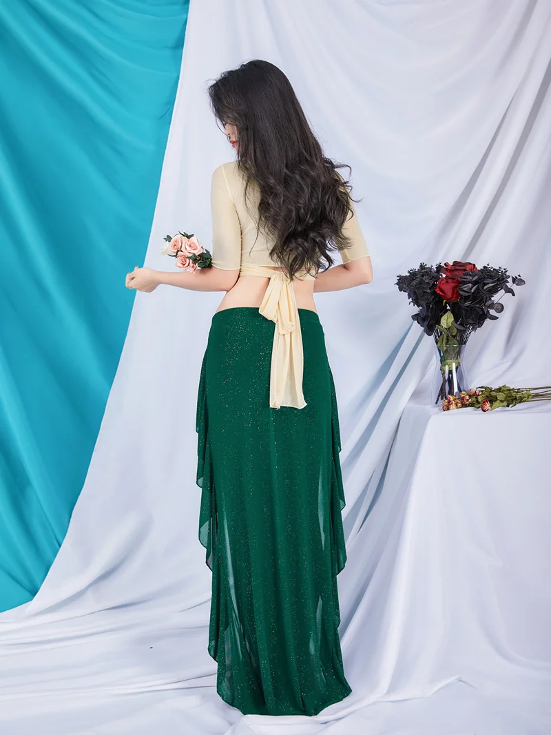 여성 밸리 댄스 의상 정장 섹시한 짧은 소매 탑 성인 성능 의류 직업 연습 거즈 스커트 쇼 복장 여름