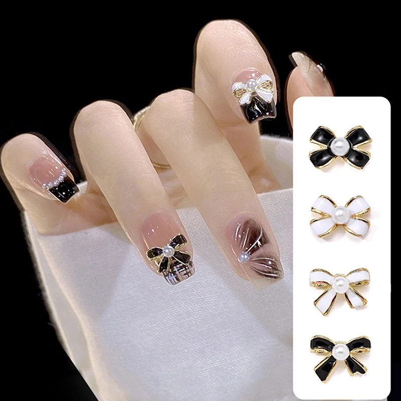 10PCS Vintage Simple Mini Bow Tie Charms Classic Black White Pearl Inlaid Bowknot Alloy Nail Art Rhinestone Decor Manicure Salon