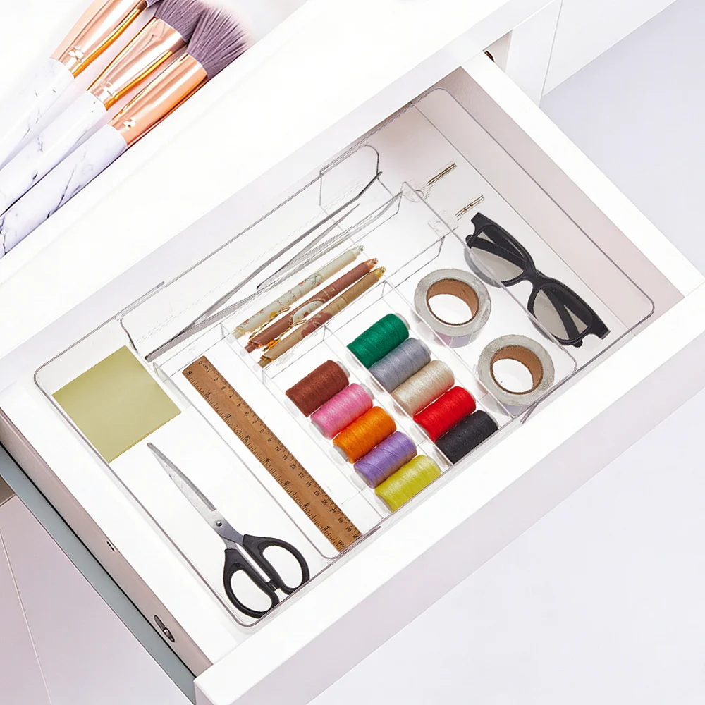 8 Grids Expandable Acrylic Drawer Organizer 10.5x10.5x2.2 Inch Drawer Trays with Adjustable Compartment Clear Shallow Divider