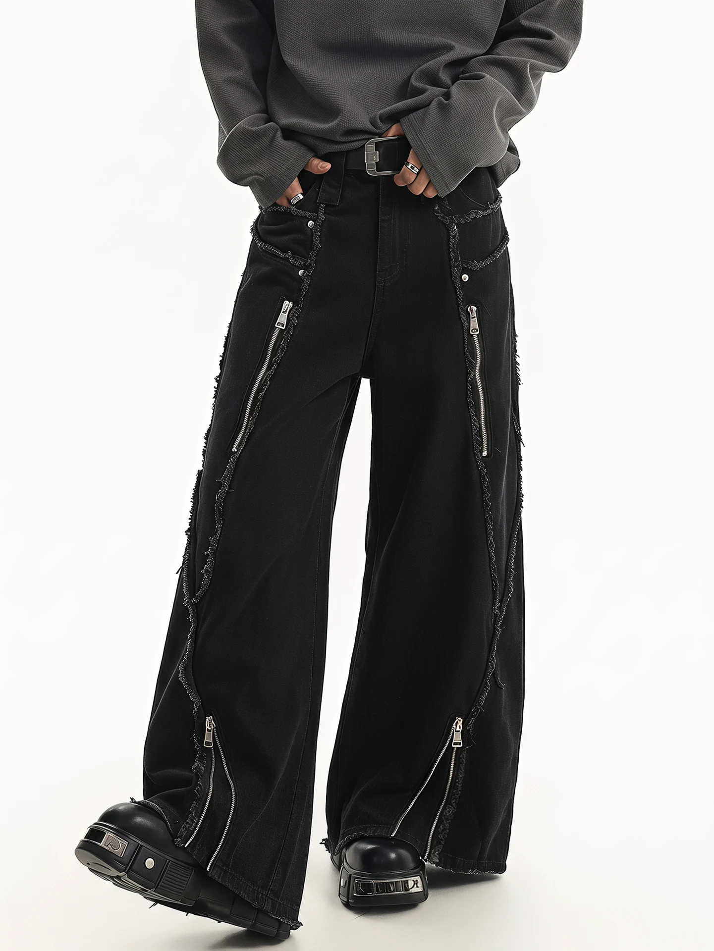 BETEBULE American High Street Heavy Duty Deconstructed Ripped Frayed Zipper Subculture Loose Wide Leg Men's Jeans
