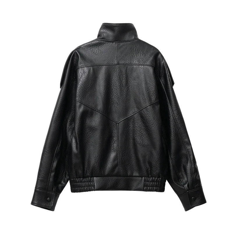 Original Chic Black Faux Leather Jackets Women Long Sleeve Buttons Elastic Oversized Coats Fashion 2026 Autumn Winter Streetwear