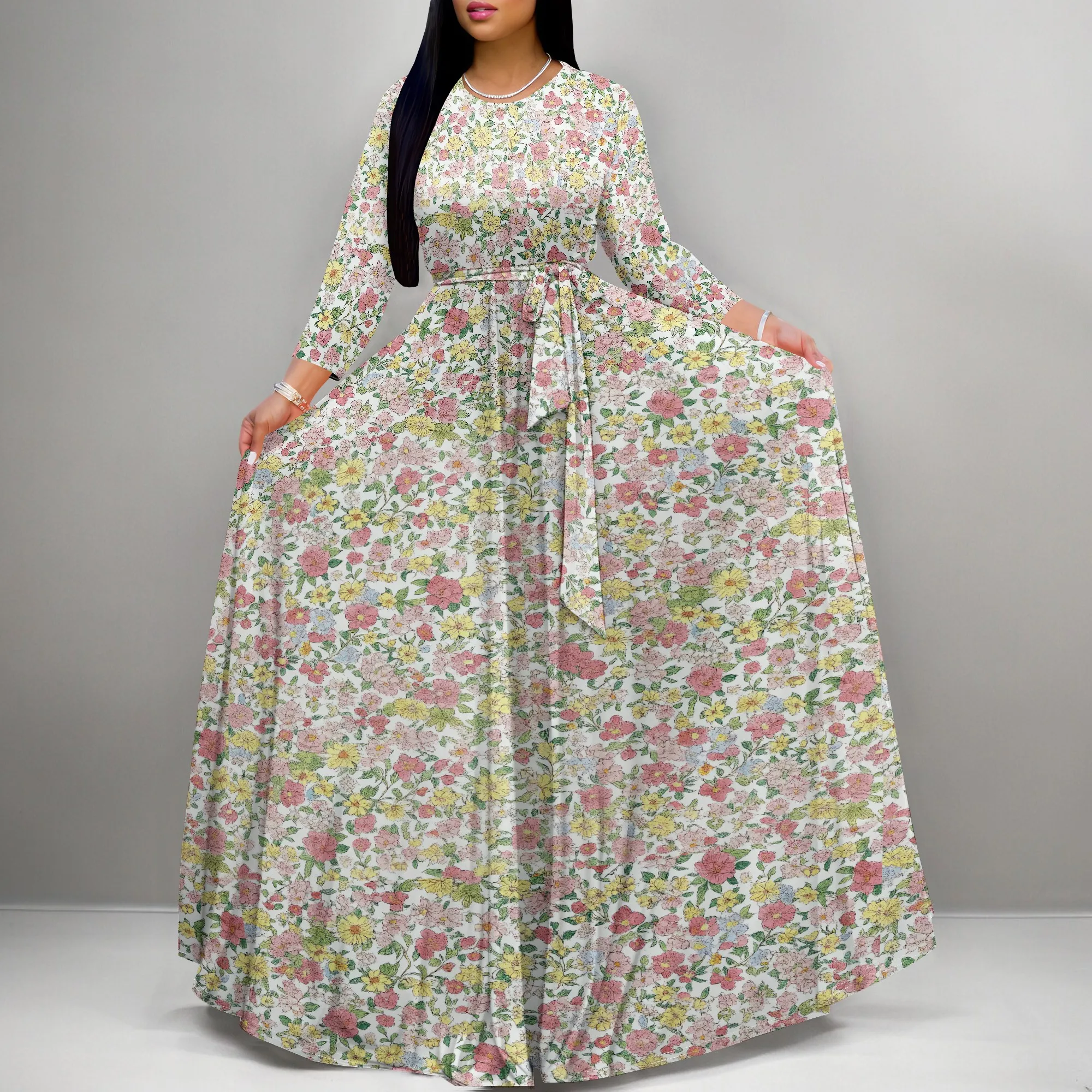 ชุดเดรสพิมพ์ลายดอกไม้พฤกษศาสตร์สตรี Casuel Crew Neck Long Maxi Dresses พร้อมเข็มขัด