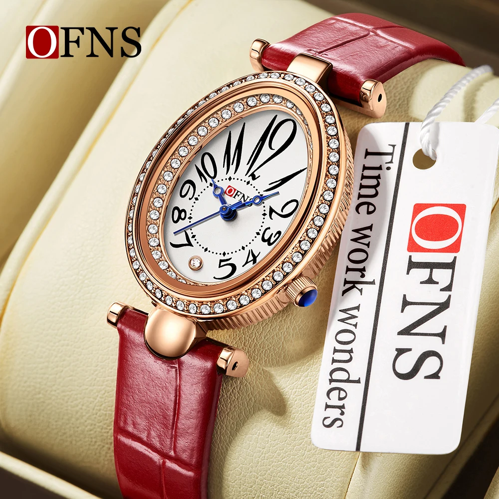 OFNS جديد 1540 عصرية عادية ريترو ستايل الماس مطعمة البيضاوي ساعة كوارتز مقاوم للماء ريترو الصلب حزام ساعة 2025