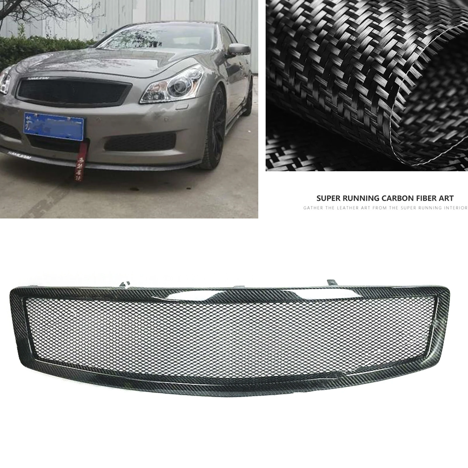 

Real Carbon Fiber/Fiberglass Grille Front Grill For Infiniti G G35 G37 2007-2009 4 Door Only Upper Bumper Intake Hood Mesh Grid