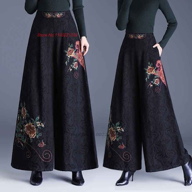 

2025 chinese vintage folk pants retro jacquard trousers women national flower embroidery ethnic elastic waist wide leg trousers