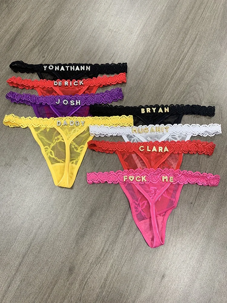 String personnalisé avec lettre de nom pour femme, culotte en dentelle sexy, tanga personnalisé, cadeau de Saint Valentin, femme chaude, petite amie, GString personnalisé