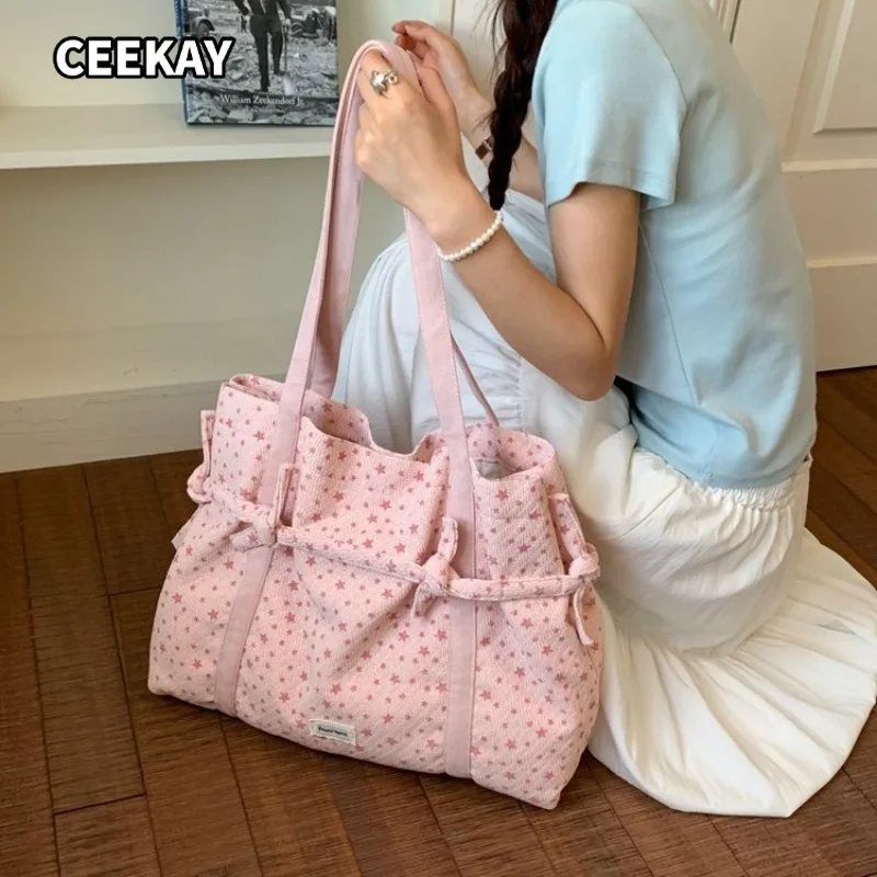 CEEKAY Minimal Star Pattern Tote Bag Dual Carry Ways Bow Drawstring Detail Girls Multi-use Oversized Daily Shoulder Purse