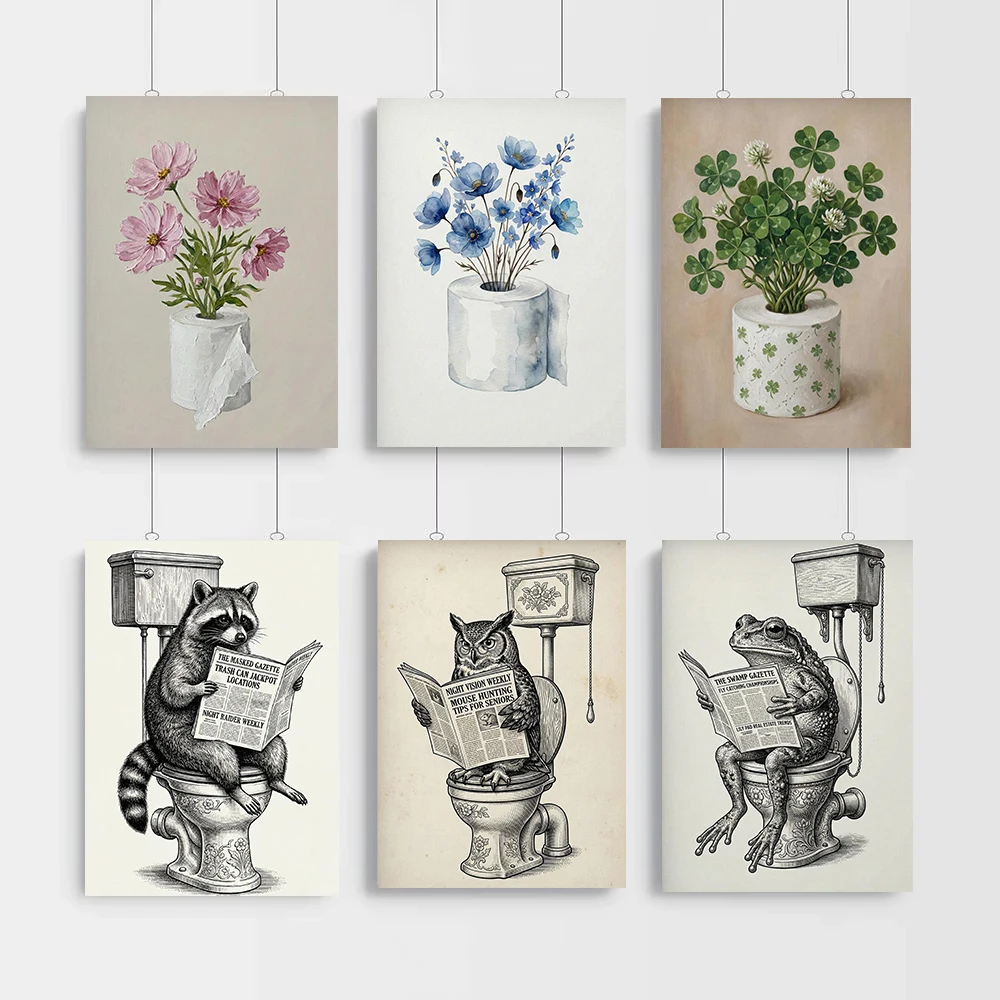 Bohemian Pink Flower with Toilet Paper Roll Poster Canvas Painting Raccoon Fox on Sit Toilet Wall Picture Home Decor Cuadros