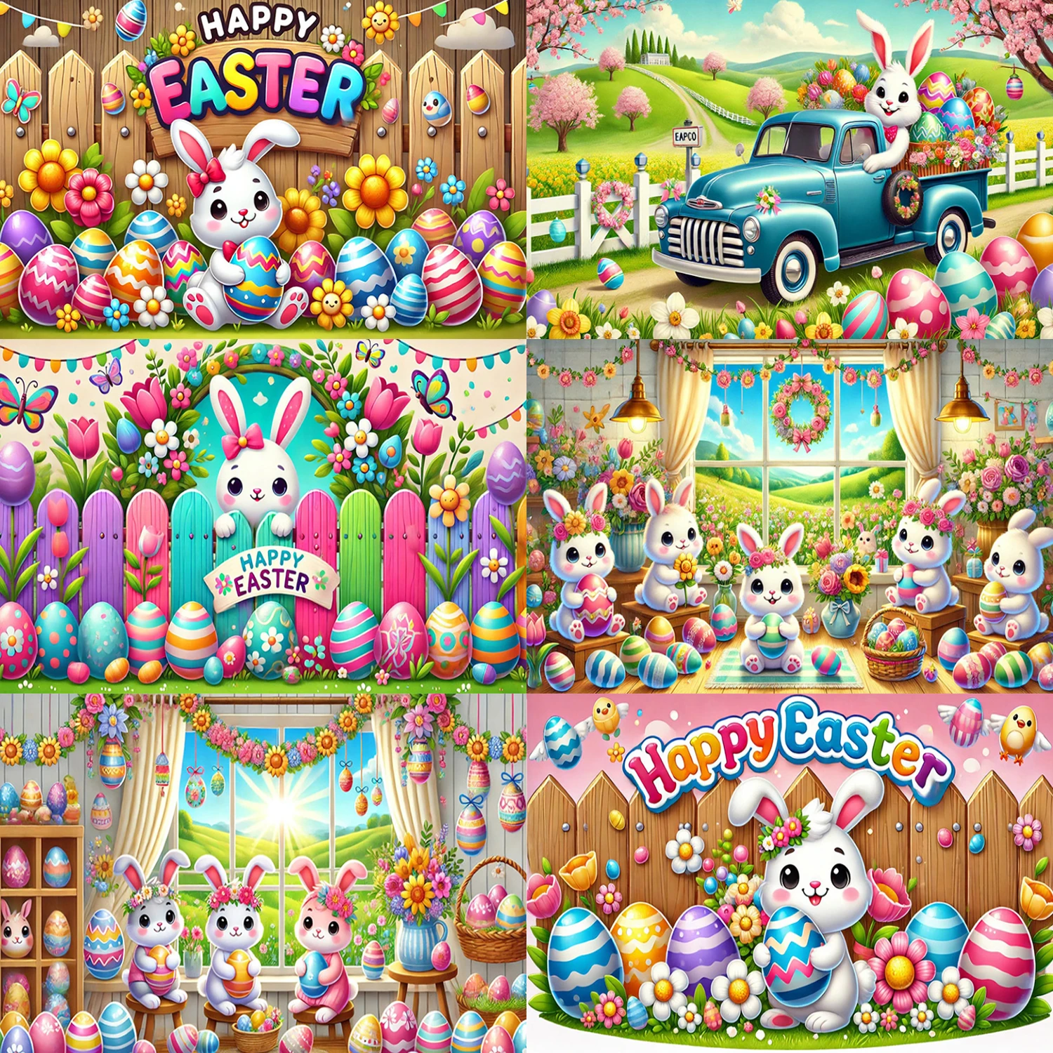 

Happy Easter Background Photography Spring Green Grass Car Flower Bunny Eggs Cute Cartoon Rabbit Party Children Birthday Decor