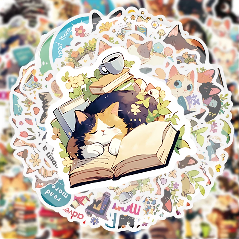 50 Cat-Themed Reading Doodle Stickers, Suitable for Water Bottles, Laptops, Phone Decorations, Suitcases, Skateboards, Guitars, Gift Boxes, Party Decorations, Holiday Gifts