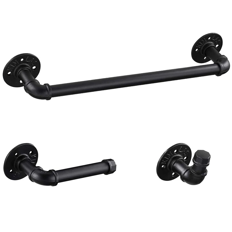 

Industrial Pipe Bathroom Hardware Fixture Set Heavy Duty DIY Wall Mount Accessories Kit Includes Robe Hook, 19 Inch Towel Bar an