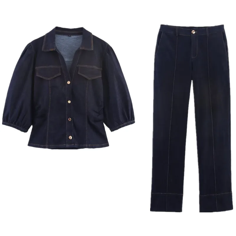 Slim Fit Denim Bubble Sve irt e pantaloni a vita media Faion Set da donna 2025 Autunno Nuovo arrivo Ele Workwear