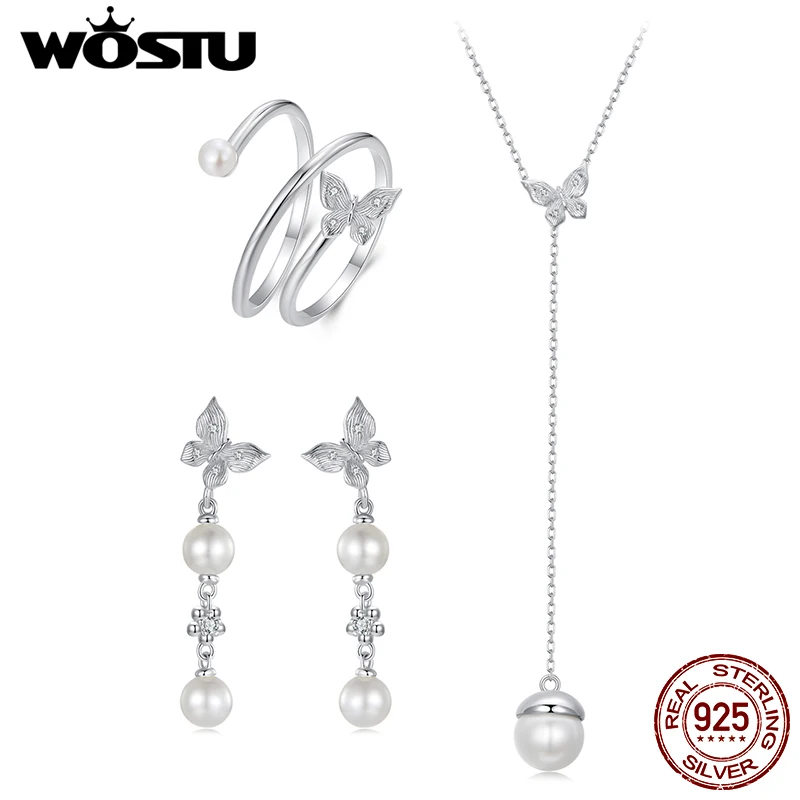 WOSTU 925 Sterling Silver Butterfly Pearl Ring Drop Earrings Y-Shaped Necklace Wedding Jewelry set Party Gift