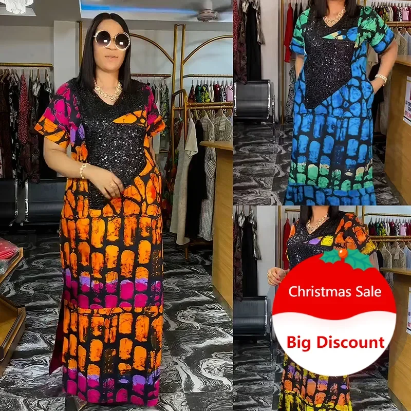 Plus Size Abaya African Dresses for Women 2025 New Traditional Nigeria Luxury Sequins Caftan Long Maxi Dress Musulman Robe Femme