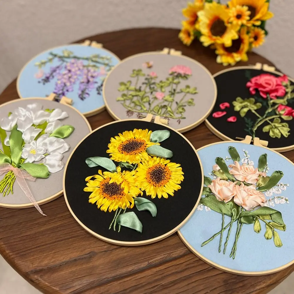 

DIY Flower Ribbon Embroidery Kit Colorful Handmade Cross Stitch Set Sunflower Hand-stitched Embroidery Set Adults