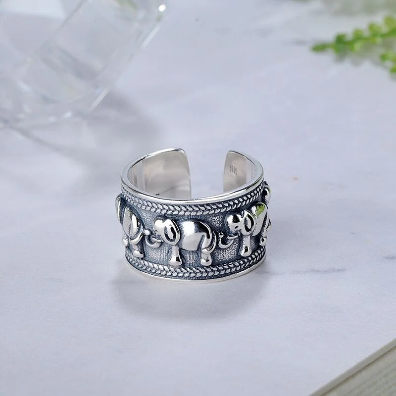Hot selling new 925 sterling silver retro wide face elephant animal personalized opening ring high-quality accessory JZ079