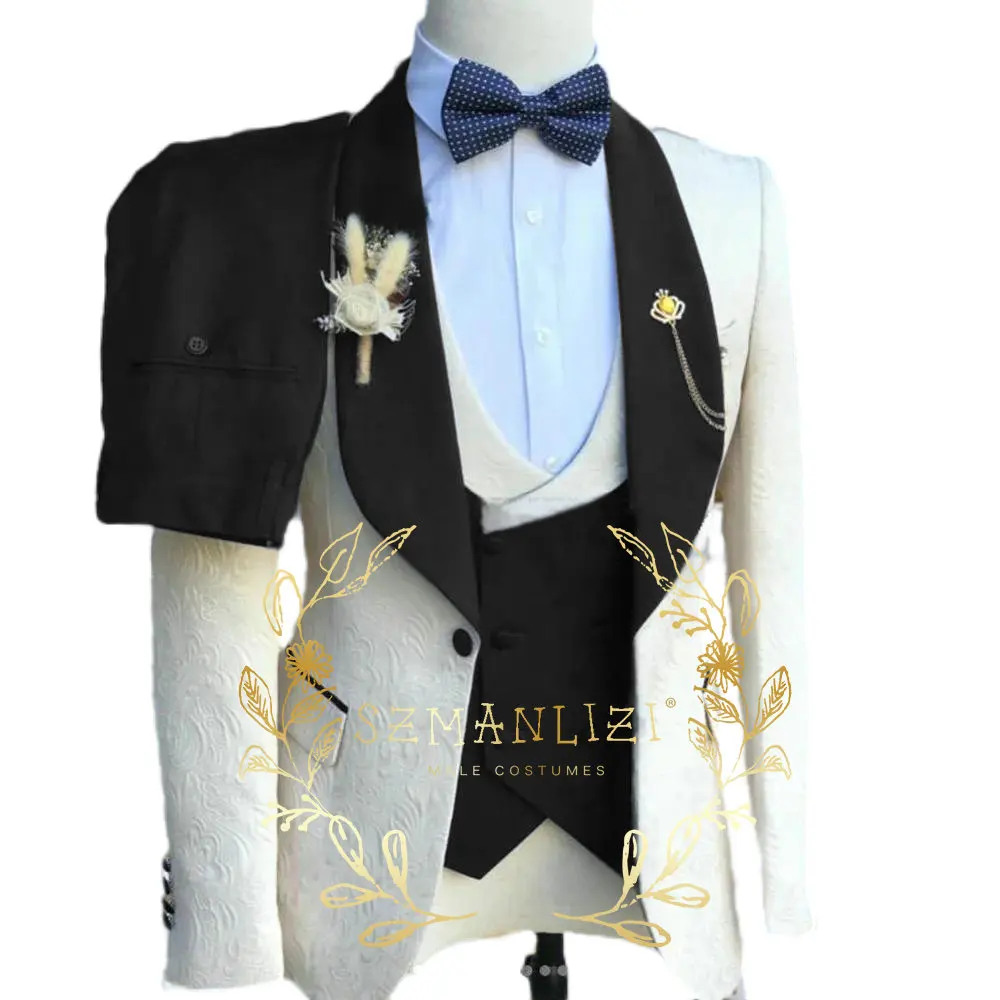 Elegant Ivory Jacquard Suits Men For Wedding Formal Jacket Vest Pants 3 Pieces Groomsman Tuxedos Tailored Male Fashion Clothing